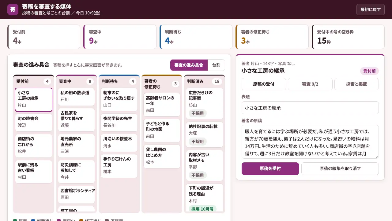 寄稿を審査する媒体の実際の画面