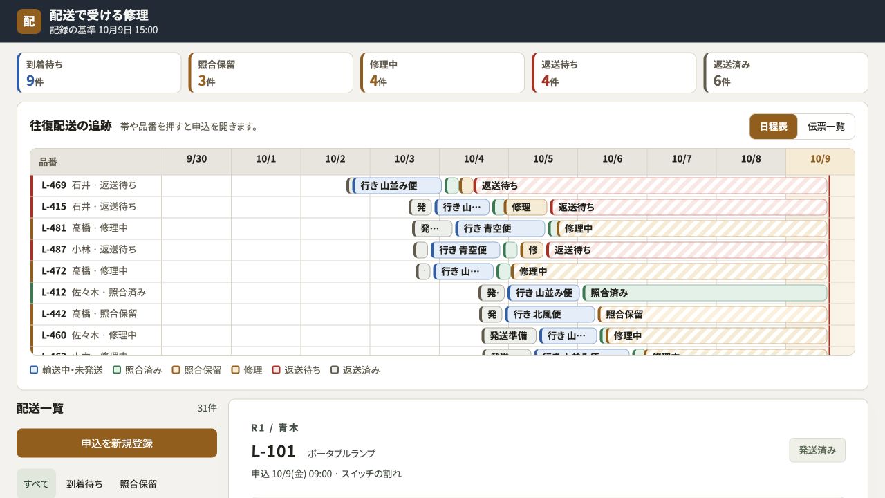配送で受ける修理の実際の画面