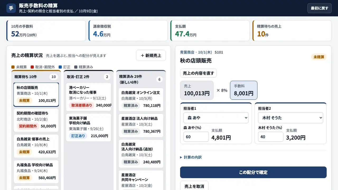 販売手数料の精算の実際の画面