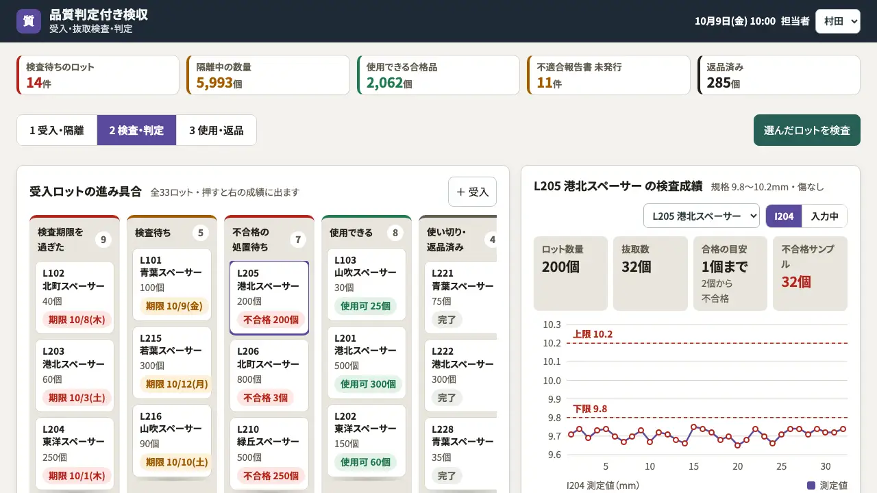 品質判定付き検収の実際の画面