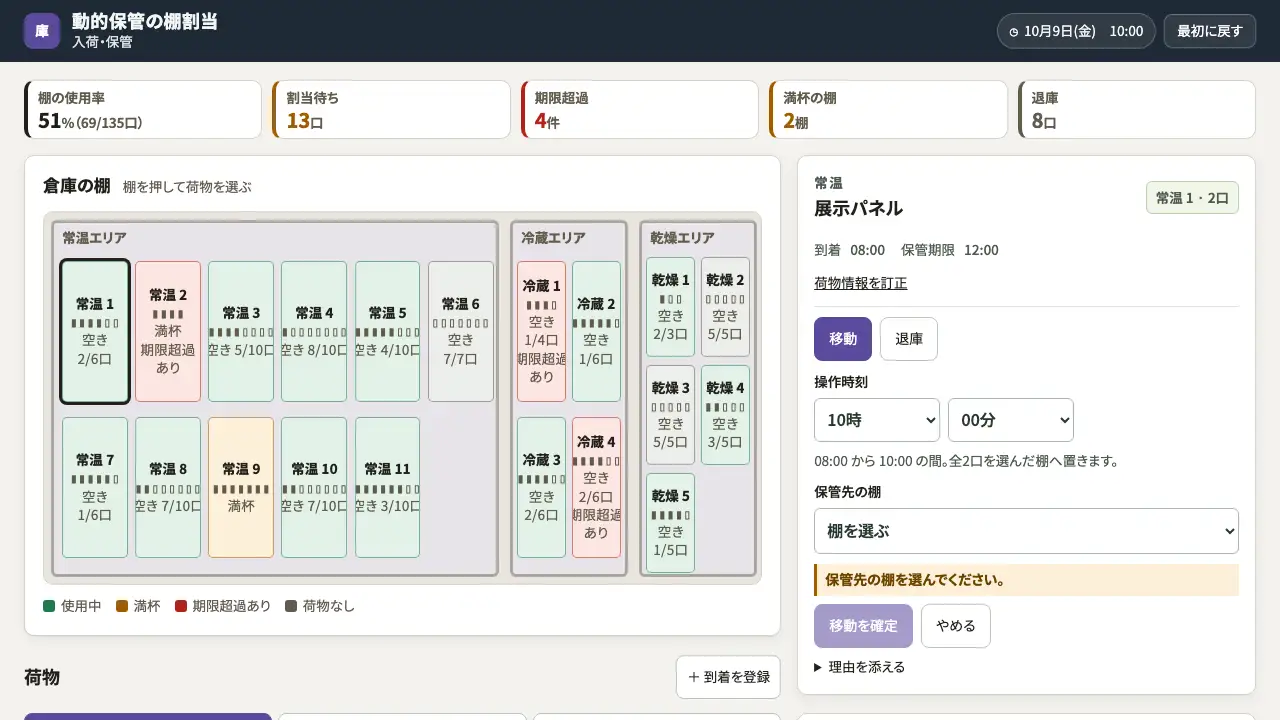 動的保管の棚割当の実際の画面