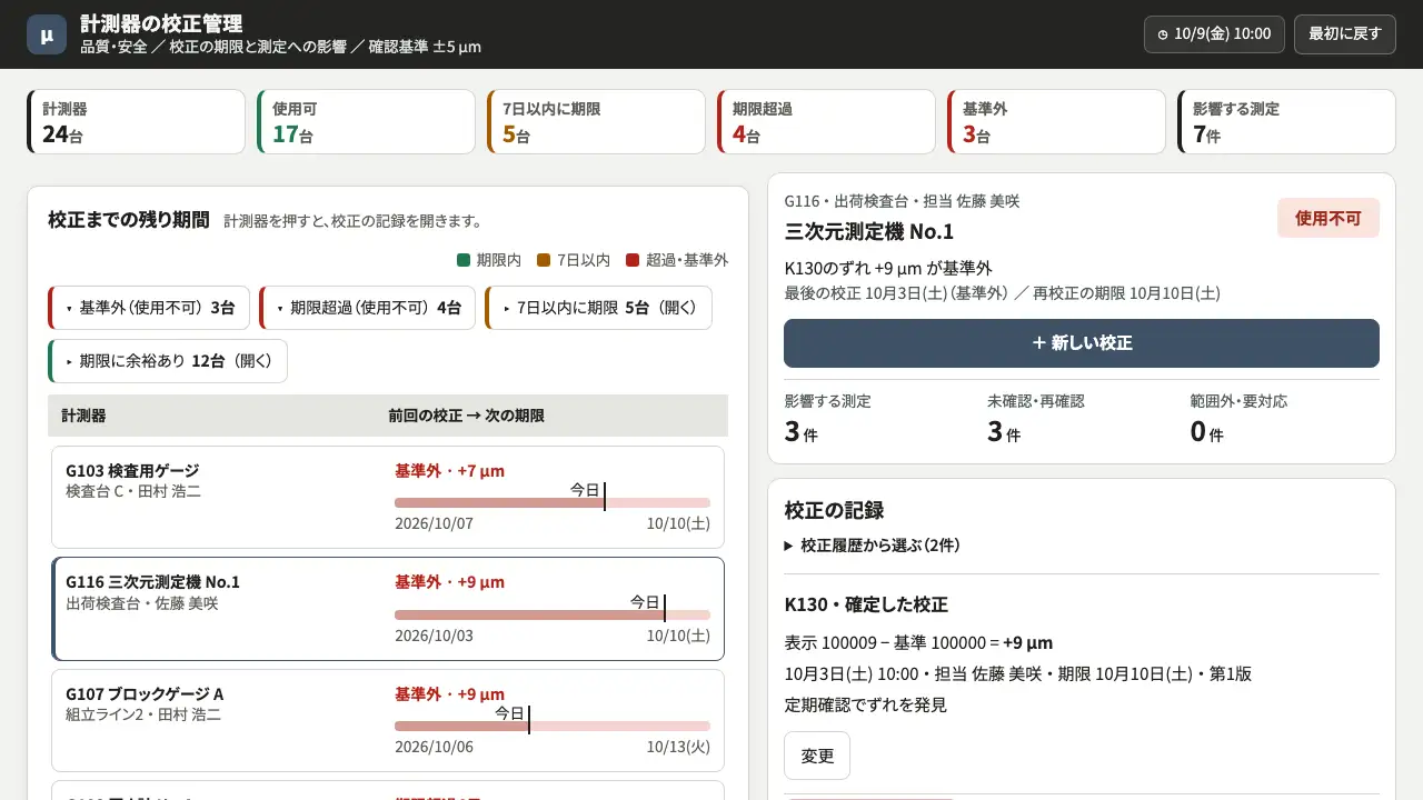 計測器の校正期限の実際の画面
