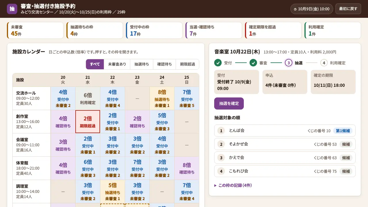 審査・抽選付き施設予約の実際の画面