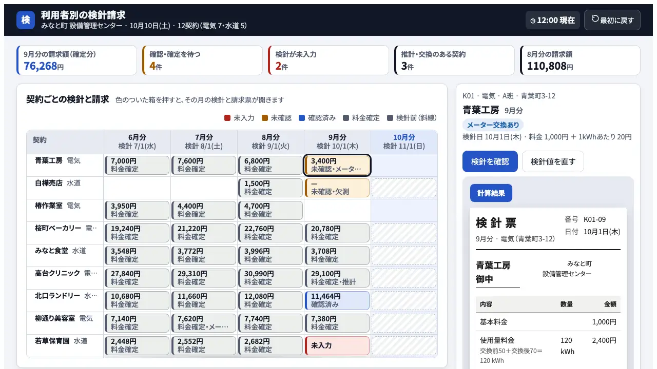 利用者別の検針請求の実際の画面