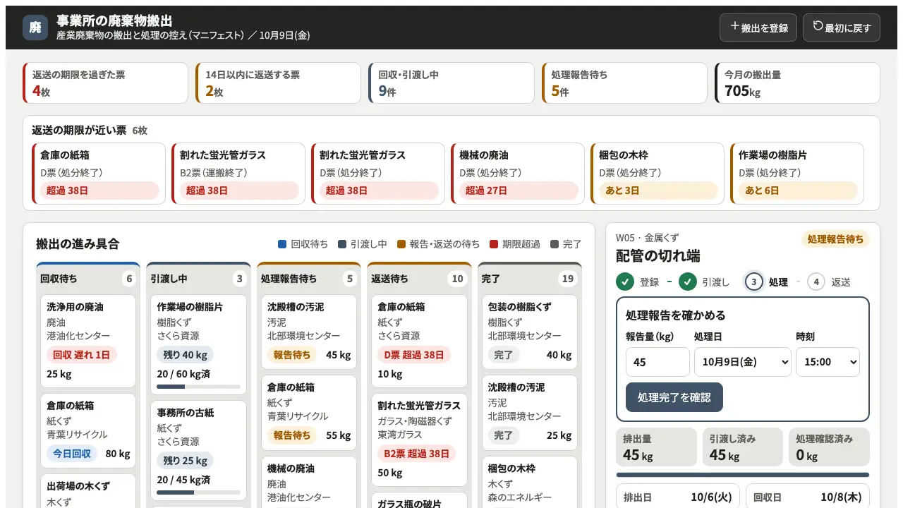 事業所の廃棄物搬出の実際の画面