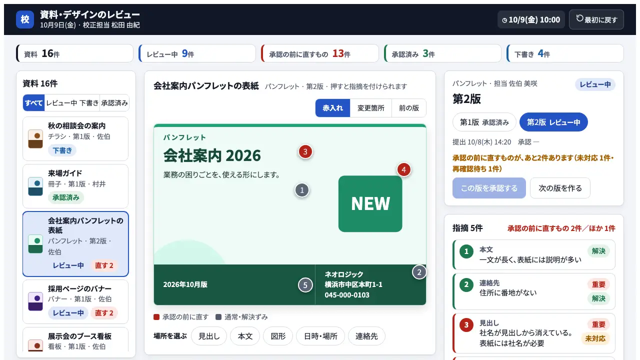 資料・デザインのレビューの実際の画面