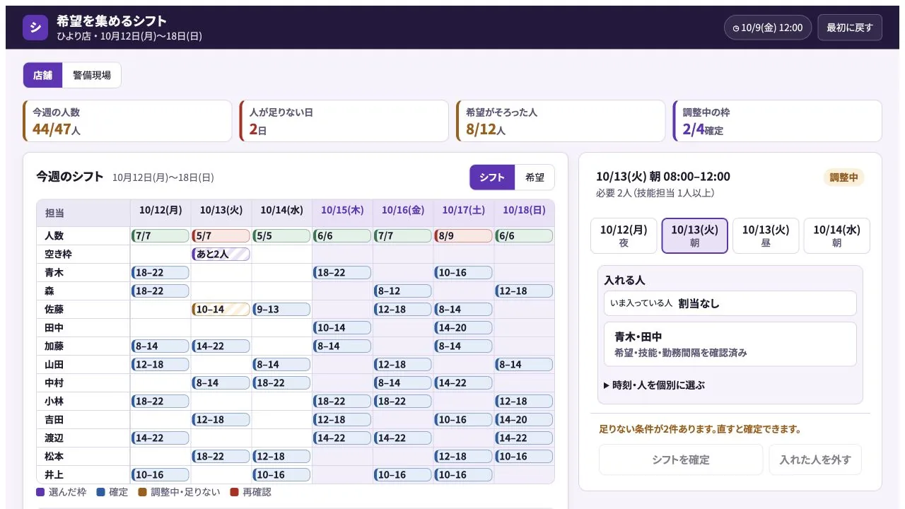 希望を集めるシフトの実際の画面