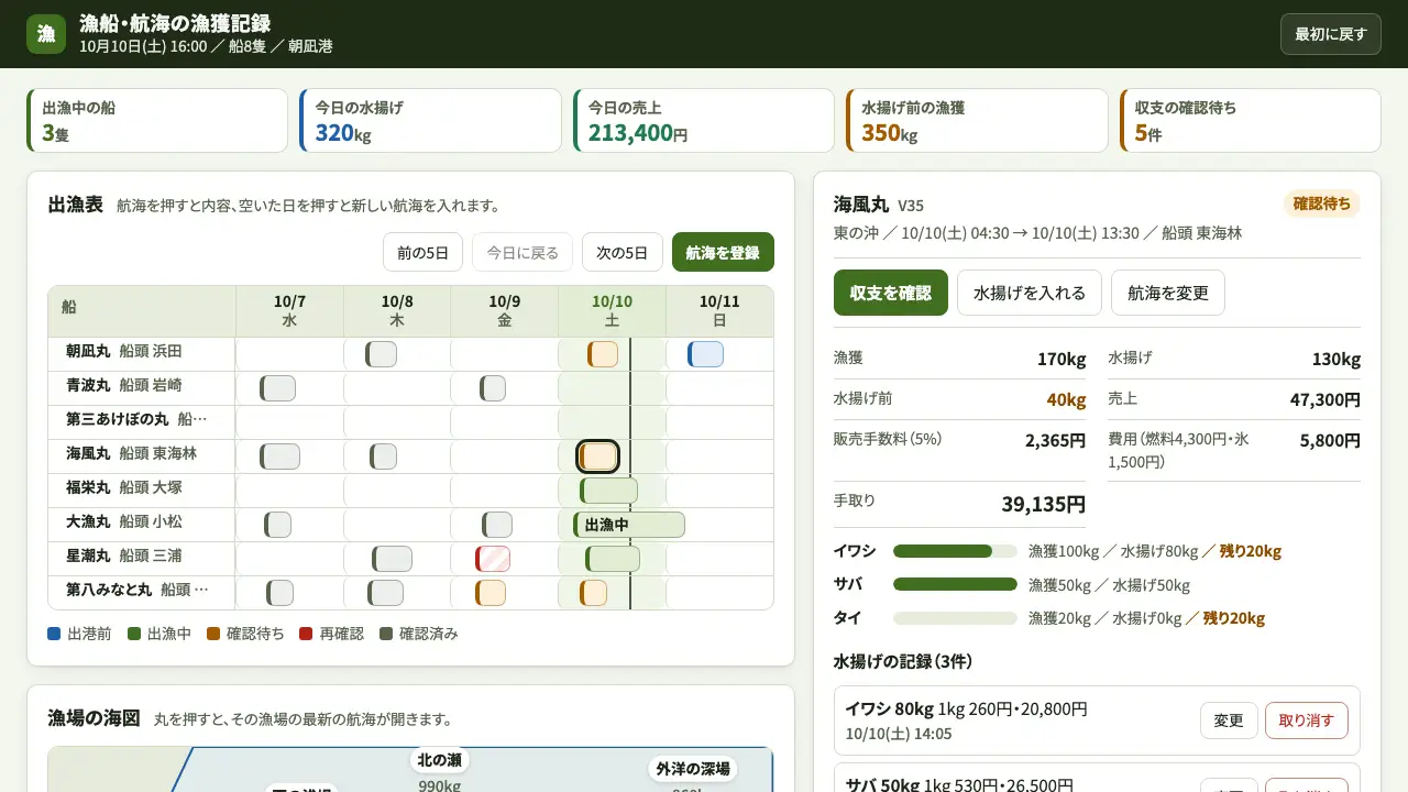 漁船・航海の漁獲記録の実際の画面