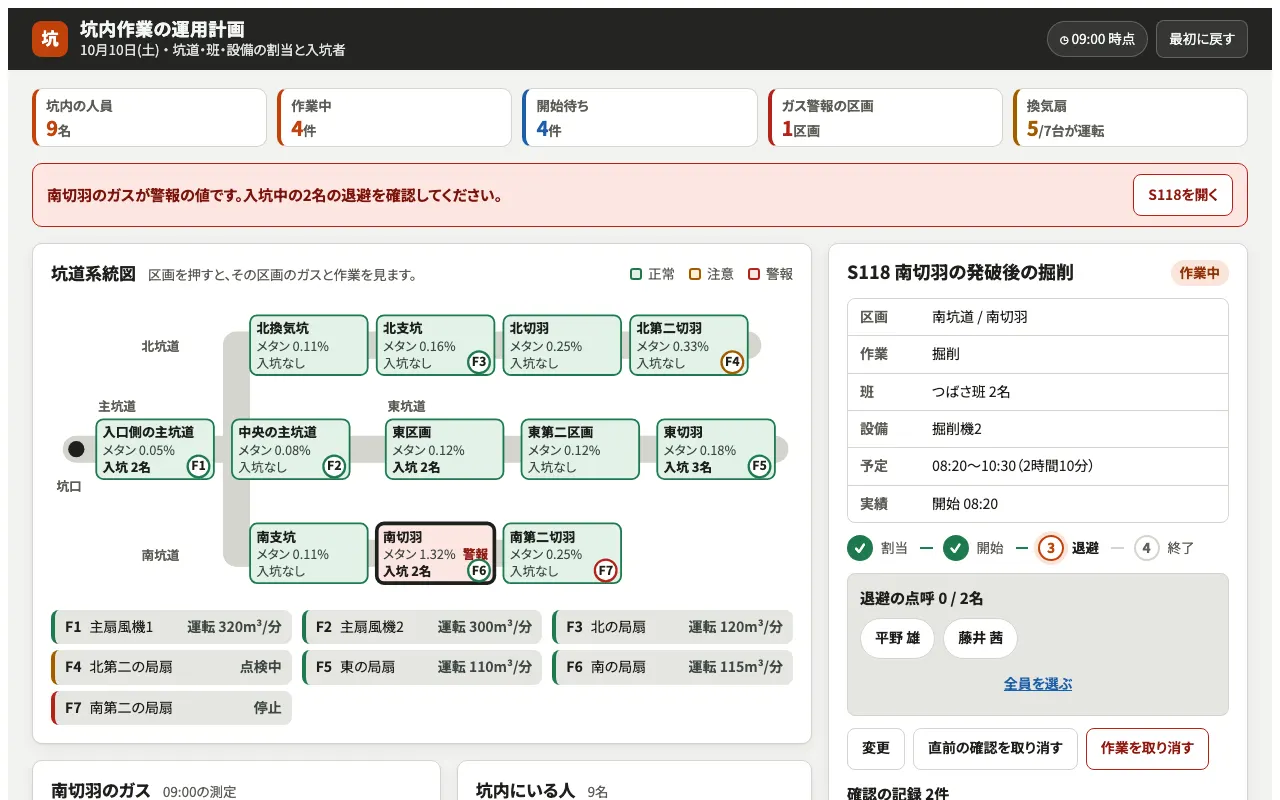 坑内作業の運用計画の実際の画面
