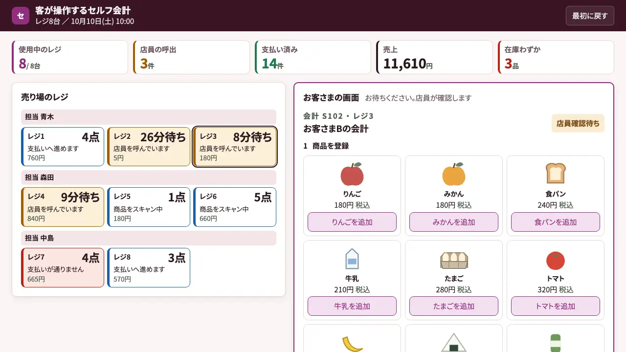 客が操作するセルフ会計の実際の画面