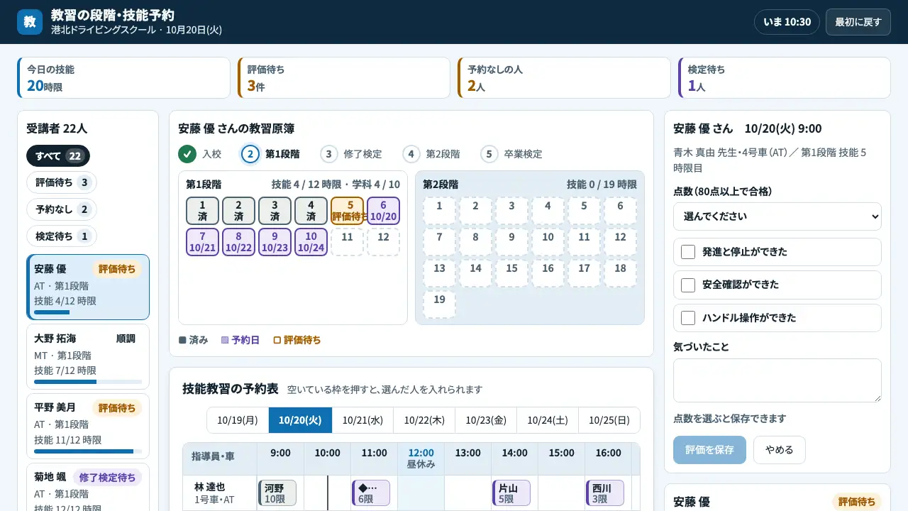 教習の段階・技能予約の実際の画面