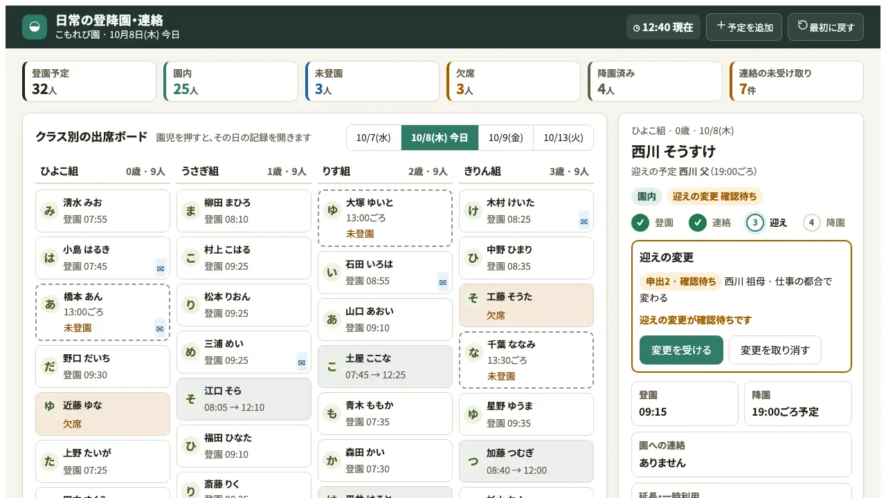 日常の登降園・連絡の実際の画面