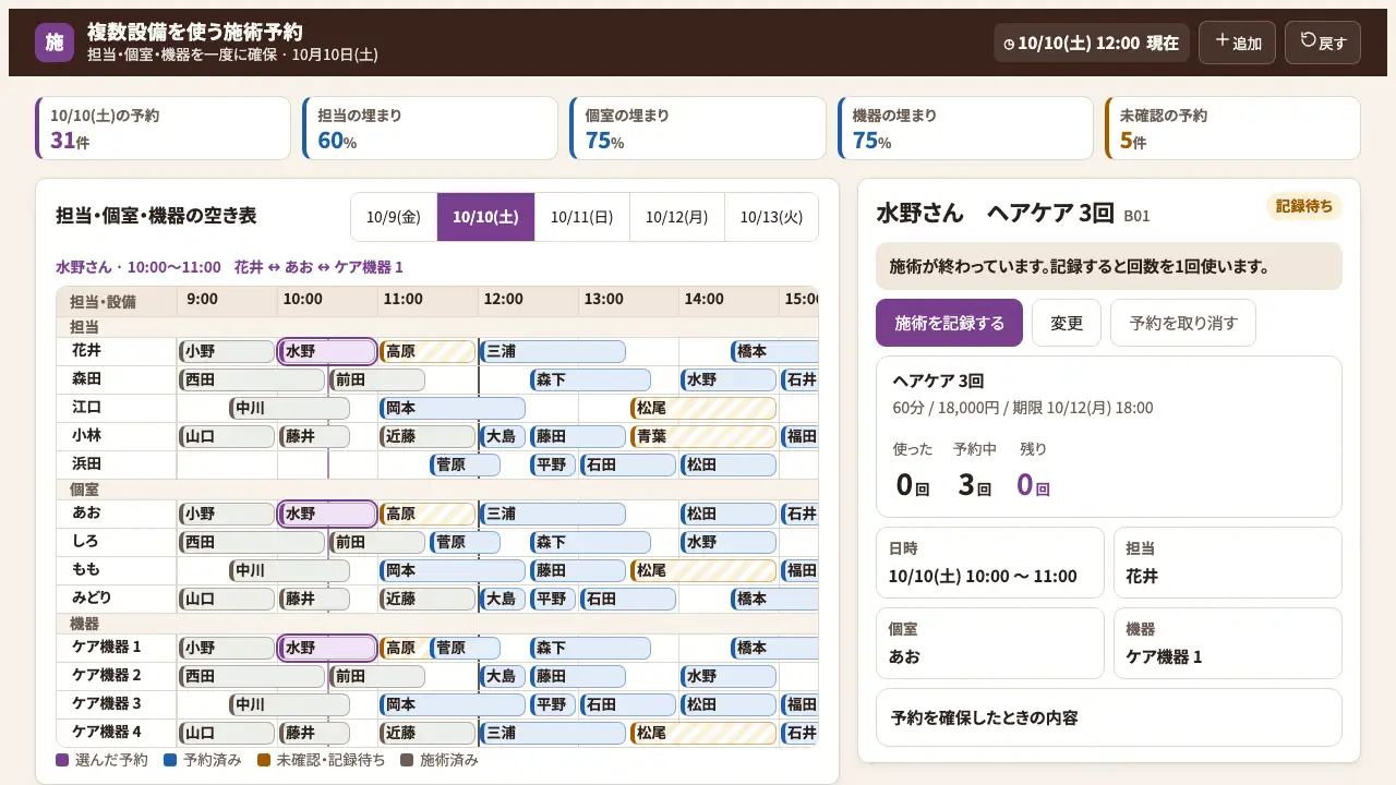 複数設備を使う施術予約の実際の画面