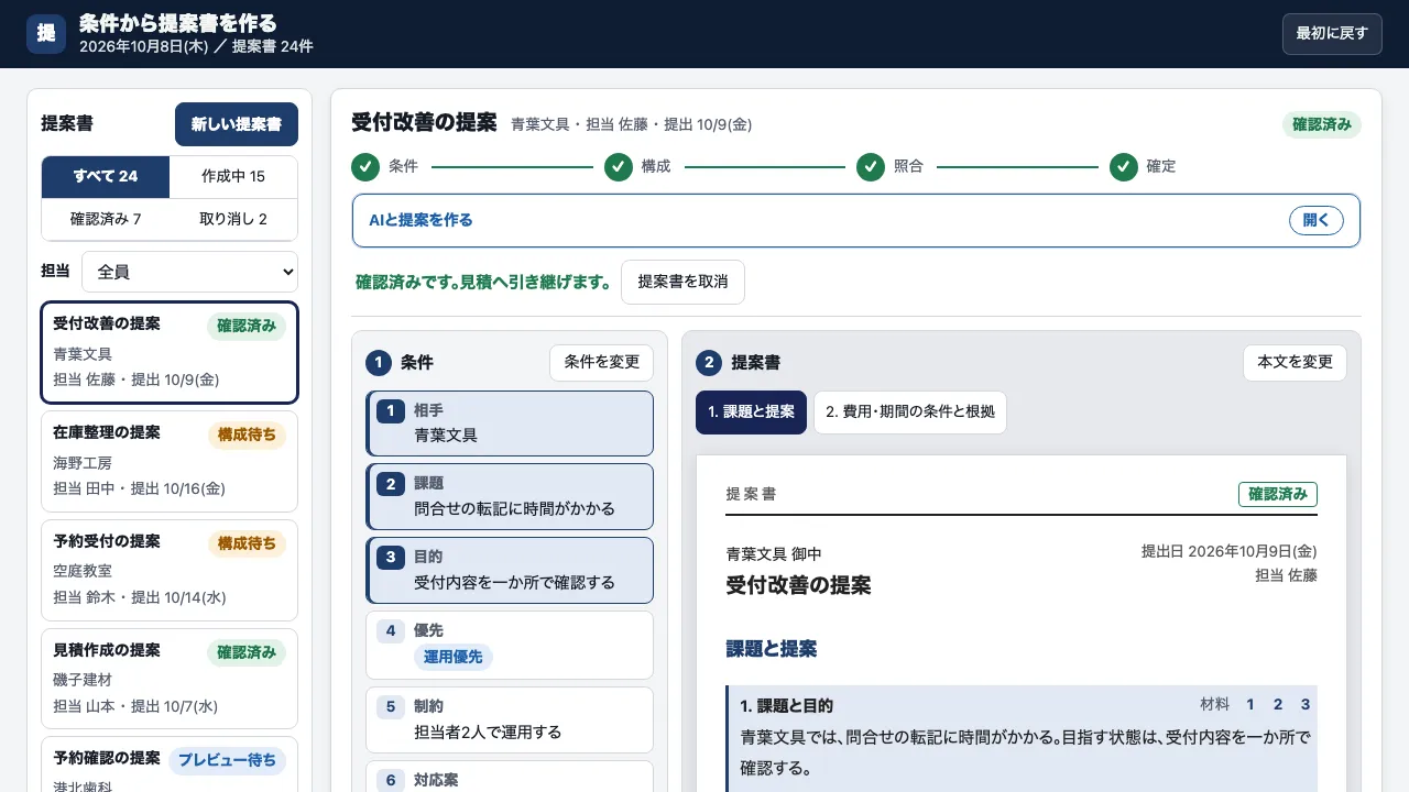 条件からの提案書作成の実際の画面