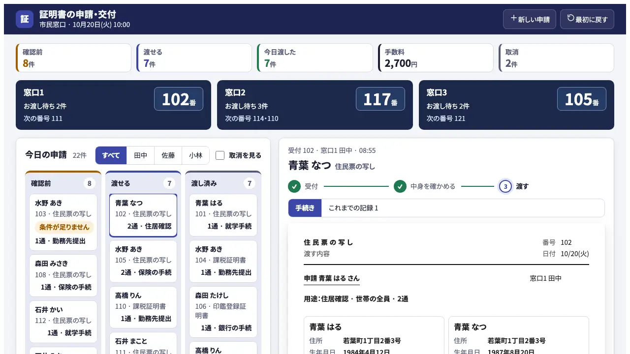 証明書の申請・交付の実際の画面