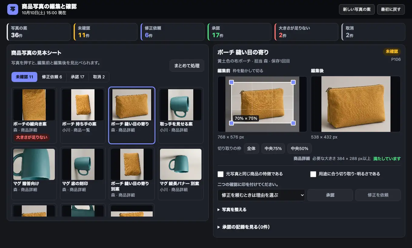 商品写真の編集と確認の実際の画面