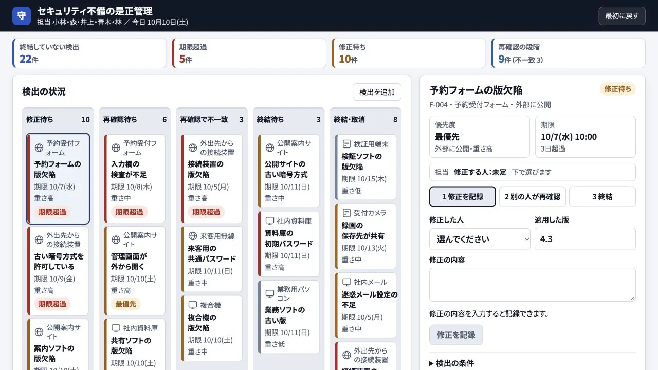 セキュリティ不備の是正管理の実際の画面