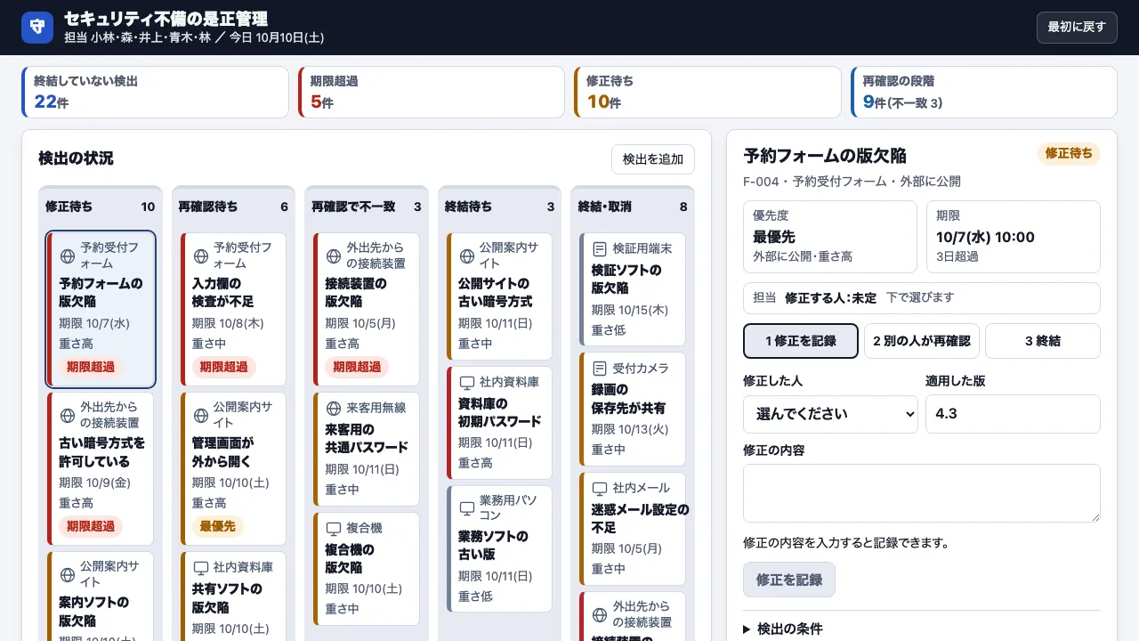 セキュリティ不備の是正の実際の画面