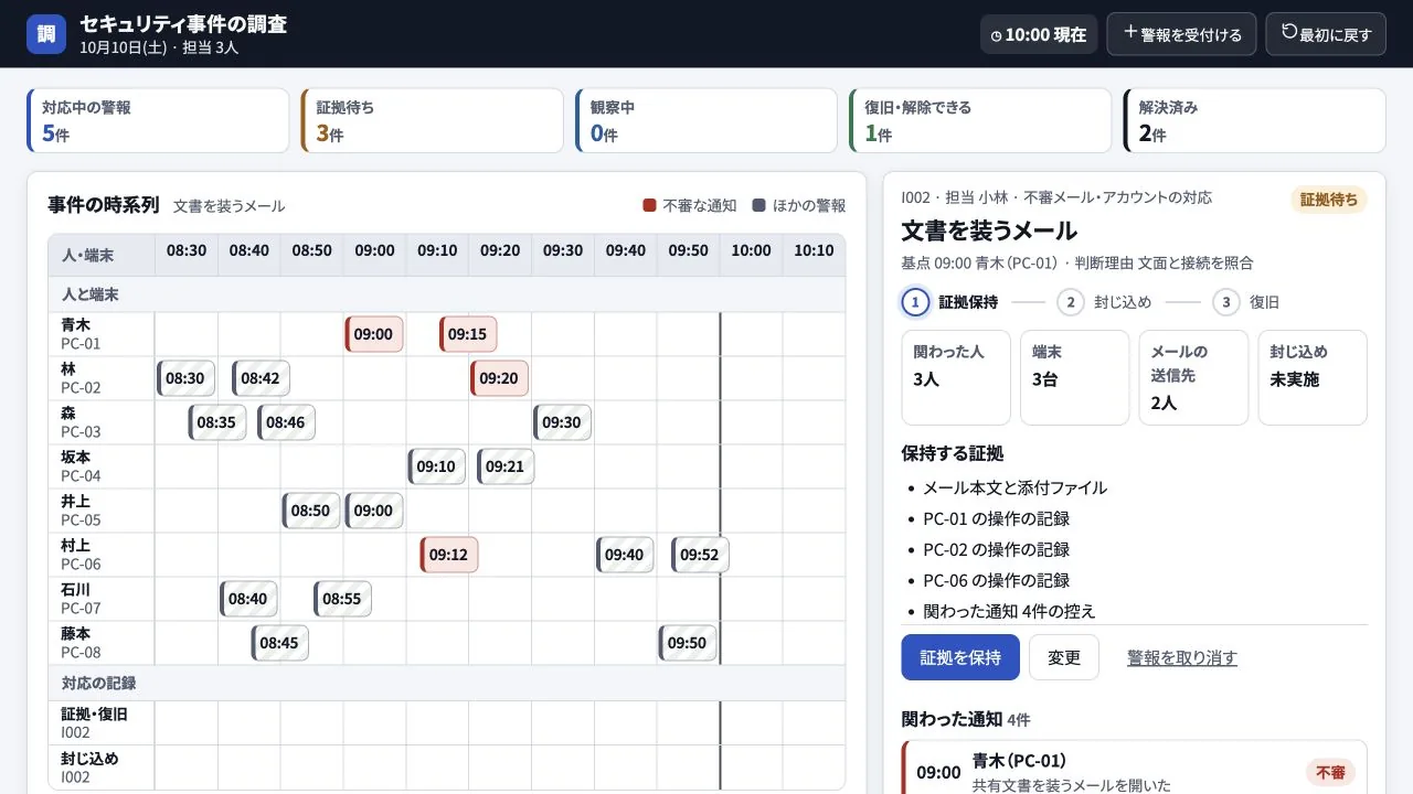 セキュリティ事件の調査の実際の画面
