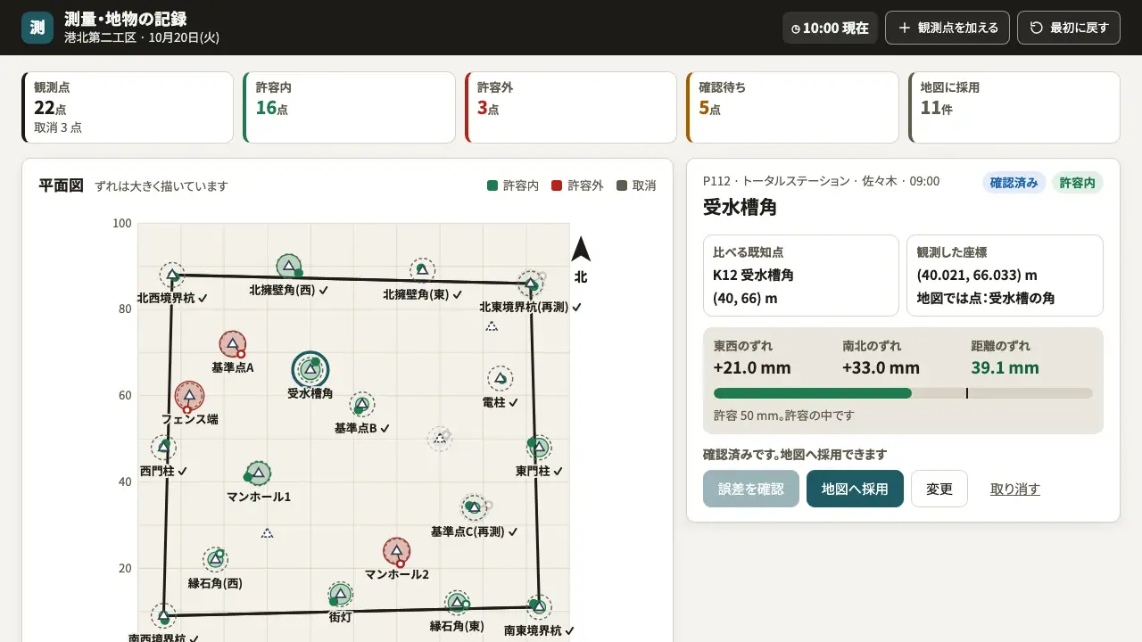 測量・地物の記録の実際の画面