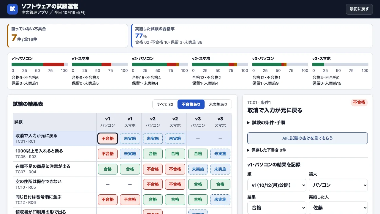 ソフトの試験と不具合の実際の画面