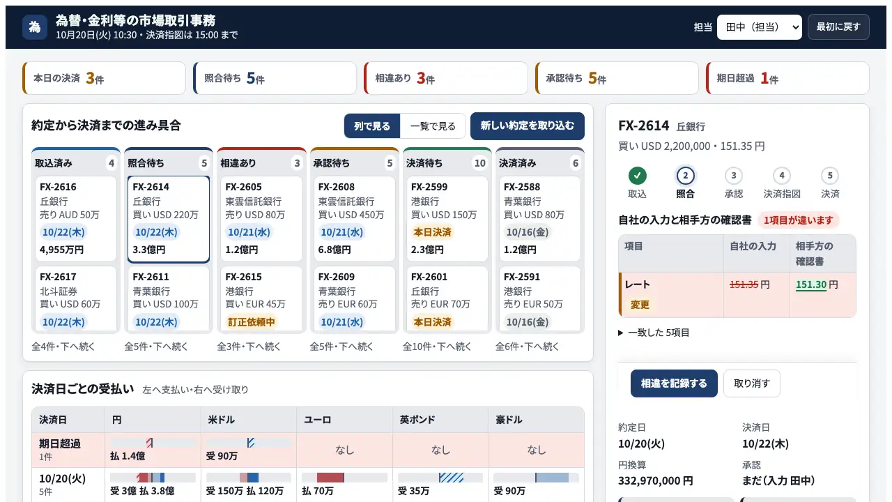 為替・金利等の市場取引事務の実際の画面