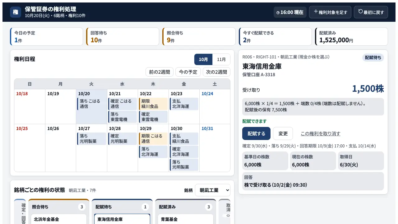 保管証券の権利処理の実際の画面