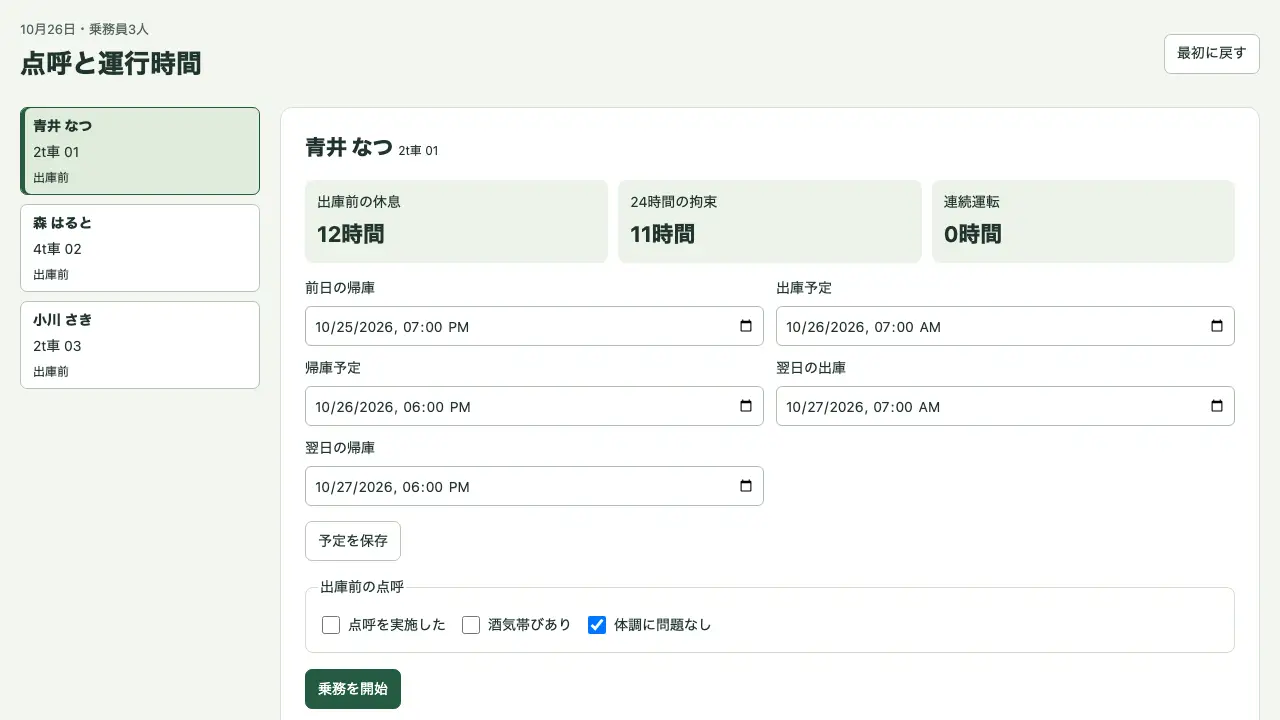 点呼と運行時間の実際の画面