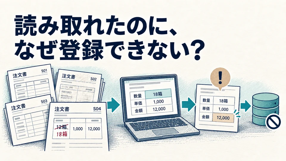 数量18箱・単価1,000円に訂正されても金額が12,000円のままの注文書を、読取り後に照合する図。
