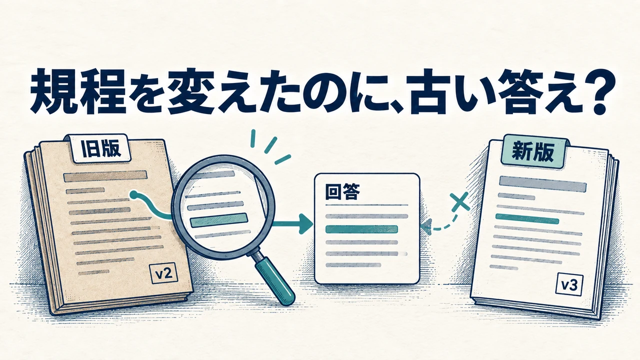 規程の旧版から作られた回答と、反映されていない新版を比較する。