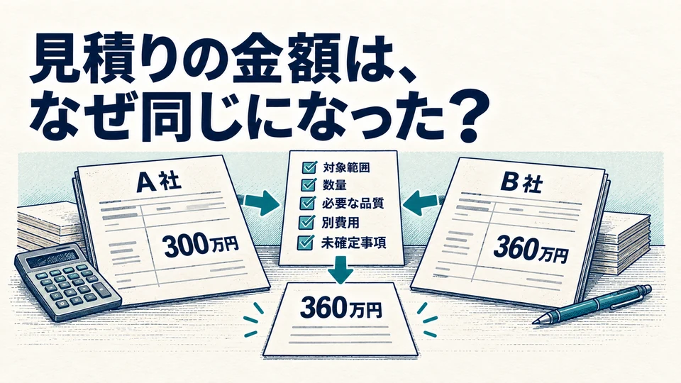 300万円と360万円の見積りを同じ範囲・数量・品質などの条件へそろえて比較する。