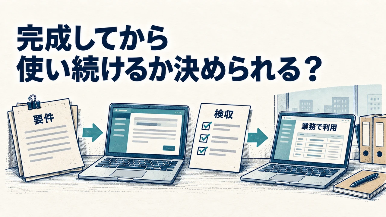 完成したシステムを検収し、業務で利用して継続を判断する流れ