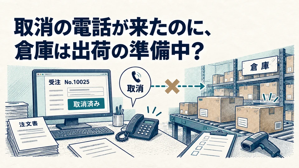 注文取消が受付側に記録されても、倉庫の出荷準備に伝わっていない状況。