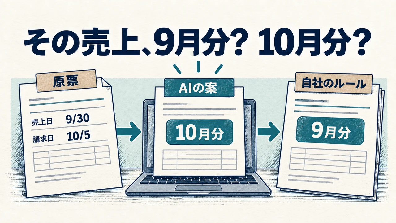 月末締めの想定例。9月30日の売上と10月5日の請求を示し、10月というAIの案を社内ルールの9月と照合するイラスト