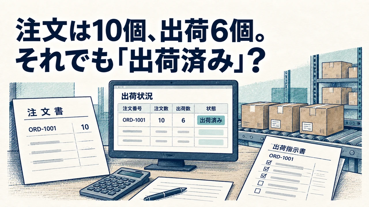 注文10個に対して出荷6個の記録と出荷済みの表示を比較する。