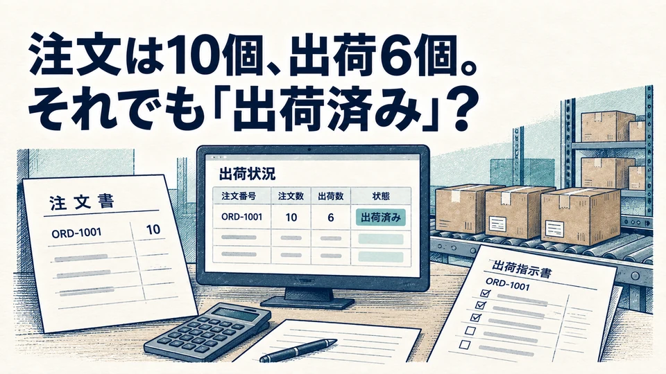 注文10個に対して出荷6個の記録と出荷済みの表示を比較する。