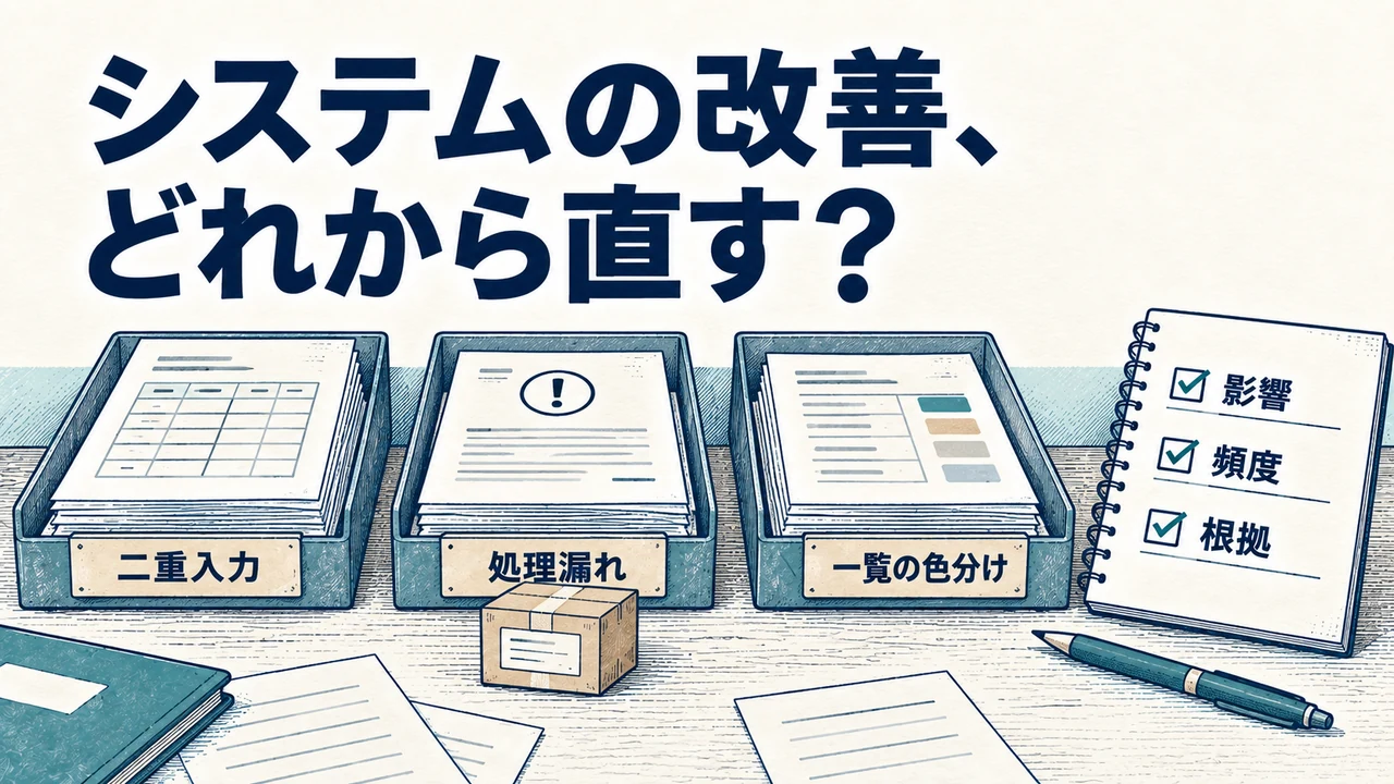 二重入力、処理漏れ、一覧の色分けという改善候補を、影響・頻度・根拠から整理するイラスト