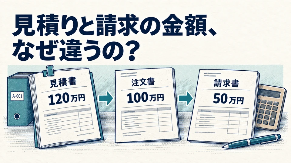 見積り120万円・注文100万円・請求50万円を別の書類で比較する。