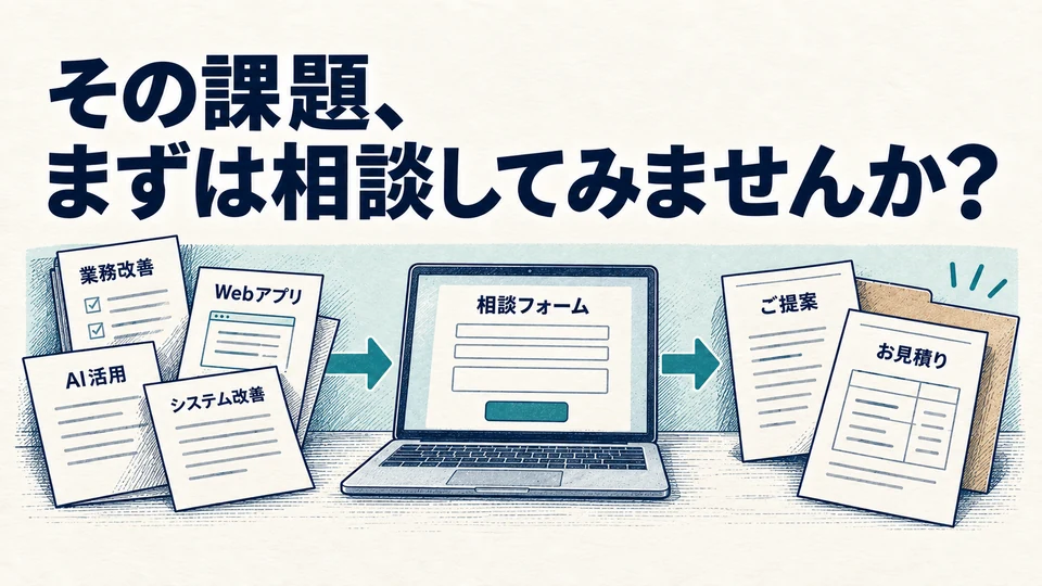 業務改善やAI活用などの課題を相談し、提案と見積りへつなぐ流れ。